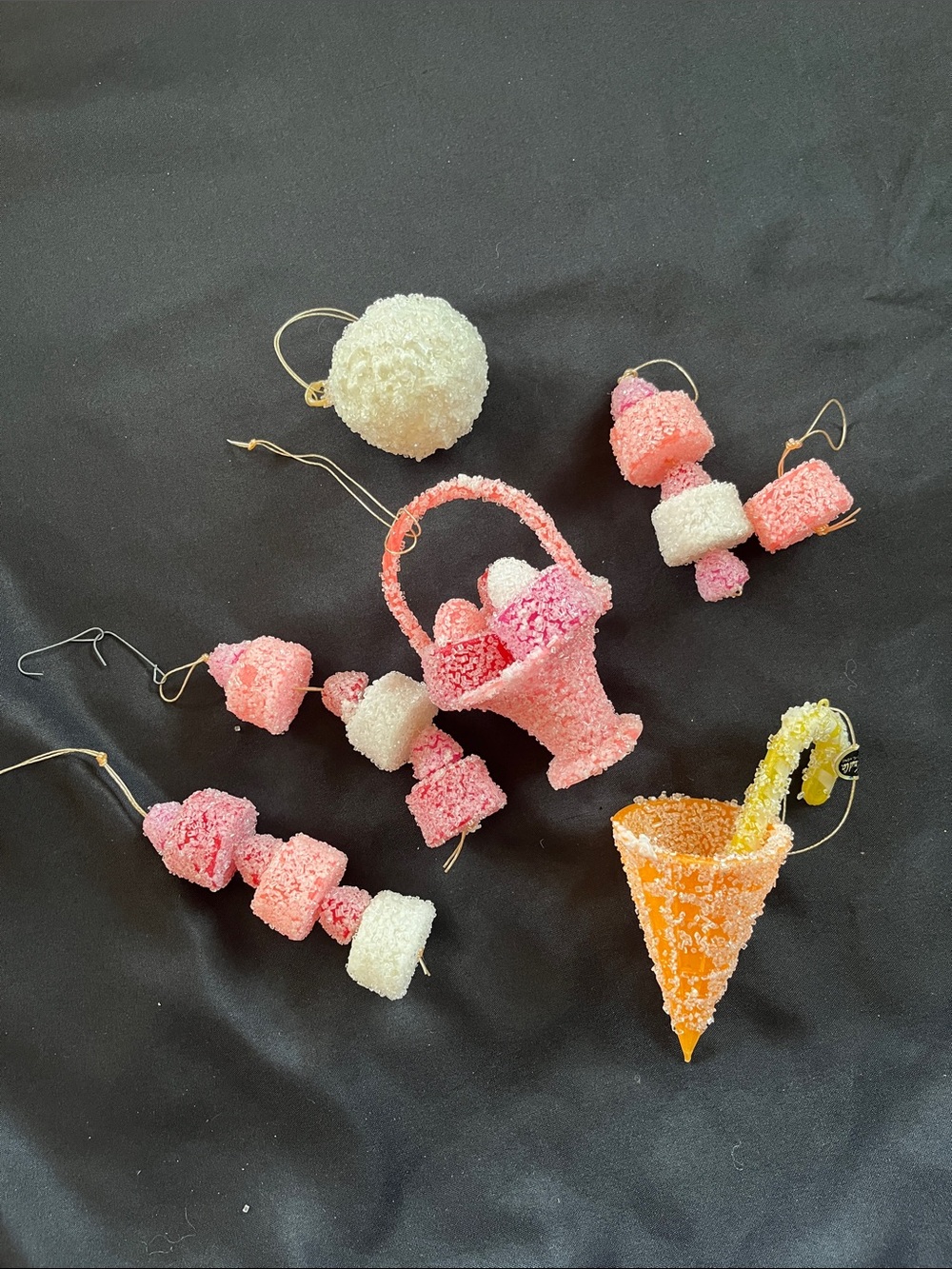 Vtg Sugared Christmas Ornaments Candy Gumdrops Hanging & In Basket +More MCM Lot